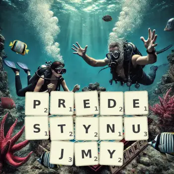 Kreatywna ilustracja do gry w Scrabble ze słowem PREDESTYNUJMY ułożonym z płytek na planszy.