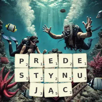 Kreatywna ilustracja do gry w Scrabble ze słowem PREDESTYNUJĄC ułożonym z płytek na planszy.