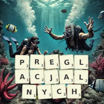 Kreatywna ilustracja do gry w Scrabble ze słowem PREGLACJALNYCH ułożonym z płytek na planszy.