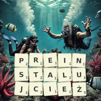 Kreatywna ilustracja do gry w Scrabble ze słowem PREINSTALUJCIEŻ ułożonym z płytek na planszy.