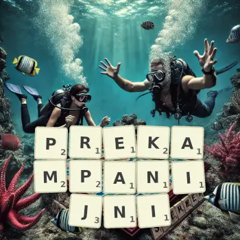 Kreatywna ilustracja do gry w Scrabble ze słowem PREKAMPANIJNI ułożonym z płytek na planszy.