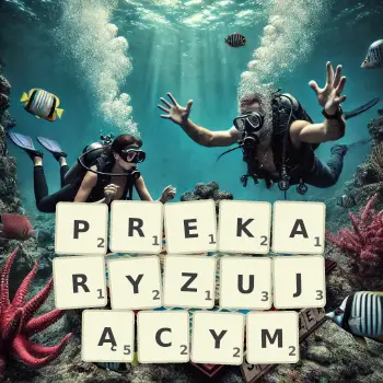 Kreatywna ilustracja do gry w Scrabble ze słowem PREKARYZUJĄCYM ułożonym z płytek na planszy.