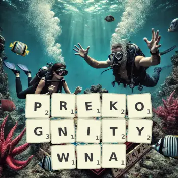 Kreatywna ilustracja do gry w Scrabble ze słowem PREKOGNITYWNA ułożonym z płytek na planszy.