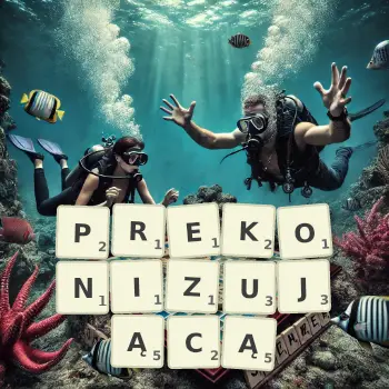 Kreatywna ilustracja do gry w Scrabble ze słowem PREKONIZUJĄCĄ ułożonym z płytek na planszy.