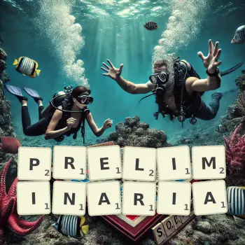 Kreatywna ilustracja do gry w Scrabble ze słowem PRELIMINARIA ułożonym z płytek na planszy.