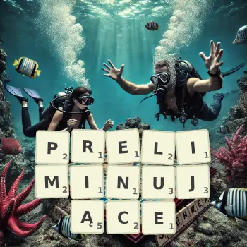 Kreatywna ilustracja do gry w Scrabble ze słowem PRELIMINUJĄCE ułożonym z płytek na planszy.