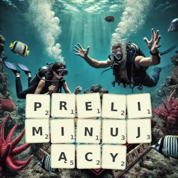 Kreatywna ilustracja do gry w Scrabble ze słowem PRELIMINUJĄCY ułożonym z płytek na planszy.
