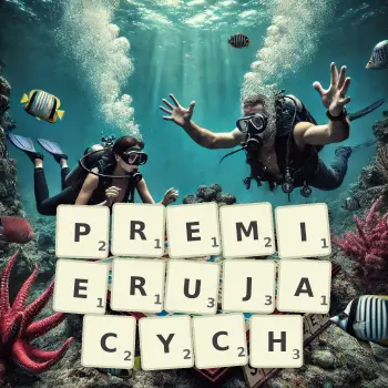 Kreatywna ilustracja do gry w Scrabble ze słowem PREMIERUJACYCH ułożonym z płytek na planszy.