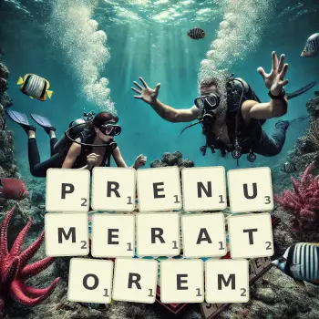 Kreatywna ilustracja do gry w Scrabble ze słowem PRENUMERATOREM ułożonym z płytek na planszy.