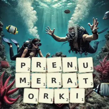 Kreatywna ilustracja do gry w Scrabble ze słowem PRENUMERATORKI ułożonym z płytek na planszy.