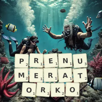 Kreatywna ilustracja do gry w Scrabble ze słowem PRENUMERATORKO ułożonym z płytek na planszy.