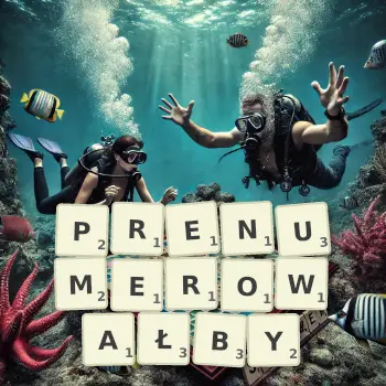 Kreatywna ilustracja do gry w Scrabble ze słowem PRENUMEROWAŁBY ułożonym z płytek na planszy.