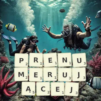 Kreatywna ilustracja do gry w Scrabble ze słowem PRENUMERUJĄCEJ ułożonym z płytek na planszy.