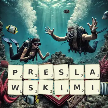 Kreatywna ilustracja do gry w Scrabble ze słowem PRESLAWSKIMI ułożonym z płytek na planszy.