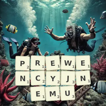 Kreatywna ilustracja do gry w Scrabble ze słowem PREWENCYJNEMU ułożonym z płytek na planszy.
