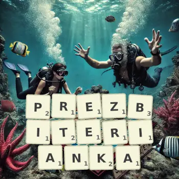 Kreatywna ilustracja do gry w Scrabble ze słowem PREZBITERIANKA ułożonym z płytek na planszy.