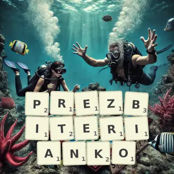 Kreatywna ilustracja do gry w Scrabble ze słowem PREZBITERIANKO ułożonym z płytek na planszy.