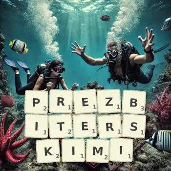 Kreatywna ilustracja do gry w Scrabble ze słowem PREZBITERSKIMI ułożonym z płytek na planszy.