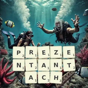 Kreatywna ilustracja do gry w Scrabble ze słowem PREZENTANTACH ułożonym z płytek na planszy.