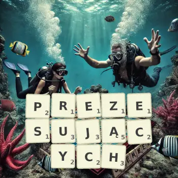 Kreatywna ilustracja do gry w Scrabble ze słowem PREZESUJĄCYCH ułożonym z płytek na planszy.