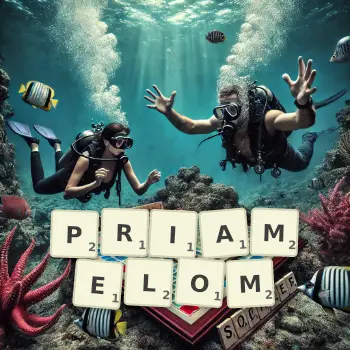 Kreatywna ilustracja do gry w Scrabble ze słowem PRIAMELOM ułożonym z płytek na planszy.