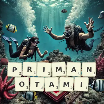 Kreatywna ilustracja do gry w Scrabble ze słowem PRIMANOTAMI ułożonym z płytek na planszy.