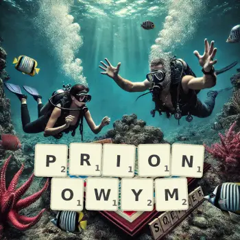 Kreatywna ilustracja do gry w Scrabble ze słowem PRIONOWYM ułożonym z płytek na planszy.