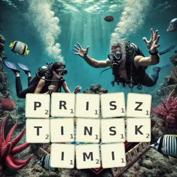 Kreatywna ilustracja do gry w Scrabble ze słowem PRISZTINSKIMI ułożonym z płytek na planszy.