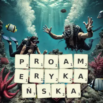 Kreatywna ilustracja do gry w Scrabble ze słowem PROAMERYKAŃSKA ułożonym z płytek na planszy.