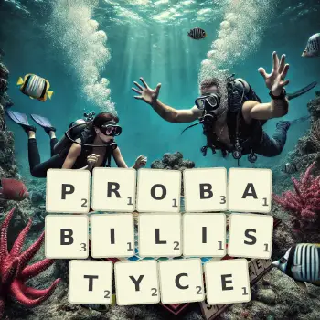 Kreatywna ilustracja do gry w Scrabble ze słowem PROBABILISTYCE ułożonym z płytek na planszy.