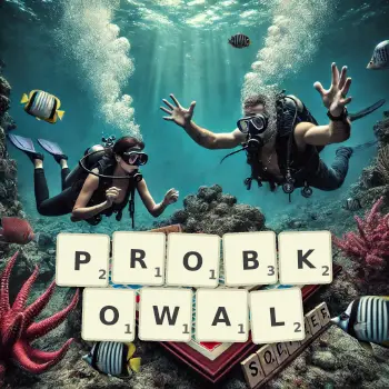 Kreatywna ilustracja do gry w Scrabble ze słowem PROBKOWAL ułożonym z płytek na planszy.