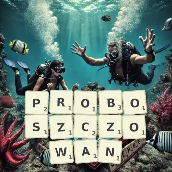 Kreatywna ilustracja do gry w Scrabble ze słowem PROBOSZCZOWAN ułożonym z płytek na planszy.