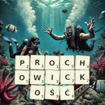 Kreatywna ilustracja do gry w Scrabble ze słowem PROCHOWICKOŚĆ ułożonym z płytek na planszy.
