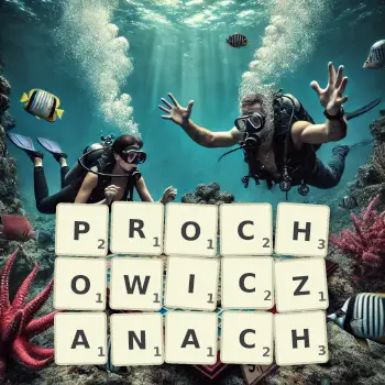 Kreatywna ilustracja do gry w Scrabble ze słowem PROCHOWICZANACH ułożonym z płytek na planszy.