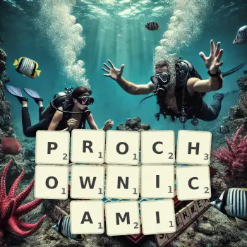 Kreatywna ilustracja do gry w Scrabble ze słowem PROCHOWNICAMI ułożonym z płytek na planszy.