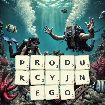 Kreatywna ilustracja do gry w Scrabble ze słowem PRODUKCYJNEGO ułożonym z płytek na planszy.
