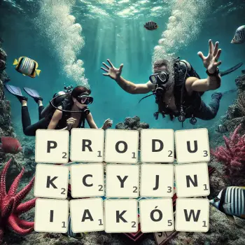 Kreatywna ilustracja do gry w Scrabble ze słowem PRODUKCYJNIAKÓW ułożonym z płytek na planszy.