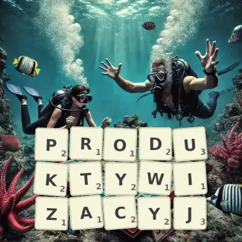 Kreatywna ilustracja do gry w Scrabble ze słowem PRODUKTYWIZACYJ ułożonym z płytek na planszy.