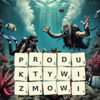 Kreatywna ilustracja do gry w Scrabble ze słowem PRODUKTYWIZMOWI ułożonym z płytek na planszy.