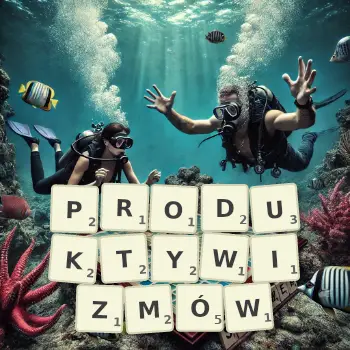 Kreatywna ilustracja do gry w Scrabble ze słowem PRODUKTYWIZMÓW ułożonym z płytek na planszy.