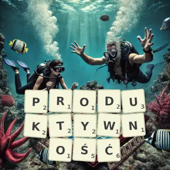 Kreatywna ilustracja do gry w Scrabble ze słowem PRODUKTYWNOŚĆ ułożonym z płytek na planszy.