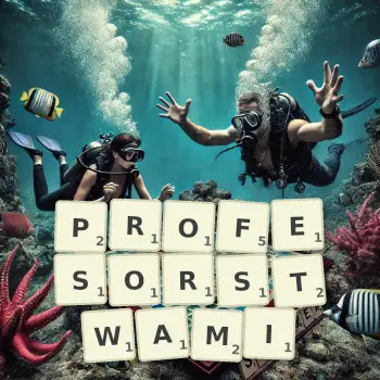 Kreatywna ilustracja do gry w Scrabble ze słowem PROFESORSTWAMI ułożonym z płytek na planszy.