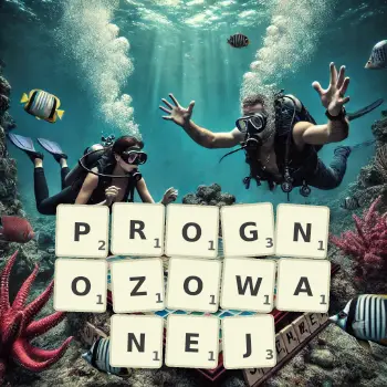 Kreatywna ilustracja do gry w Scrabble ze słowem PROGNOZOWANEJ ułożonym z płytek na planszy.