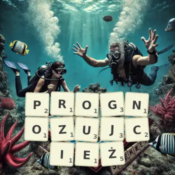 Kreatywna ilustracja do gry w Scrabble ze słowem PROGNOZUJCIEŻ ułożonym z płytek na planszy.
