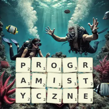 Kreatywna ilustracja do gry w Scrabble ze słowem PROGRAMISTYCZNE ułożonym z płytek na planszy.