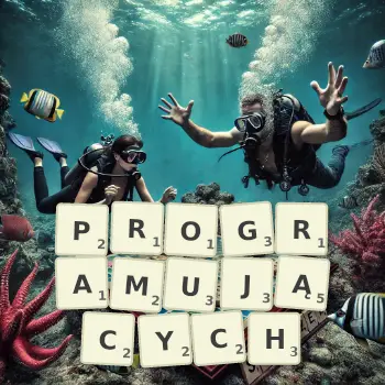Kreatywna ilustracja do gry w Scrabble ze słowem PROGRAMUJĄCYCH ułożonym z płytek na planszy.