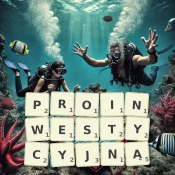 Kreatywna ilustracja do gry w Scrabble ze słowem PROINWESTYCYJNĄ ułożonym z płytek na planszy.