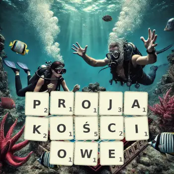 Kreatywna ilustracja do gry w Scrabble ze słowem PROJAKOŚCIOWE ułożonym z płytek na planszy.