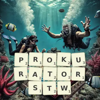 Kreatywna ilustracja do gry w Scrabble ze słowem PROKURATORSTW ułożonym z płytek na planszy.
