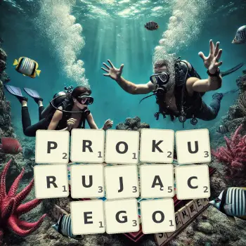 Kreatywna ilustracja do gry w Scrabble ze słowem PROKURUJĄCEGO ułożonym z płytek na planszy.
